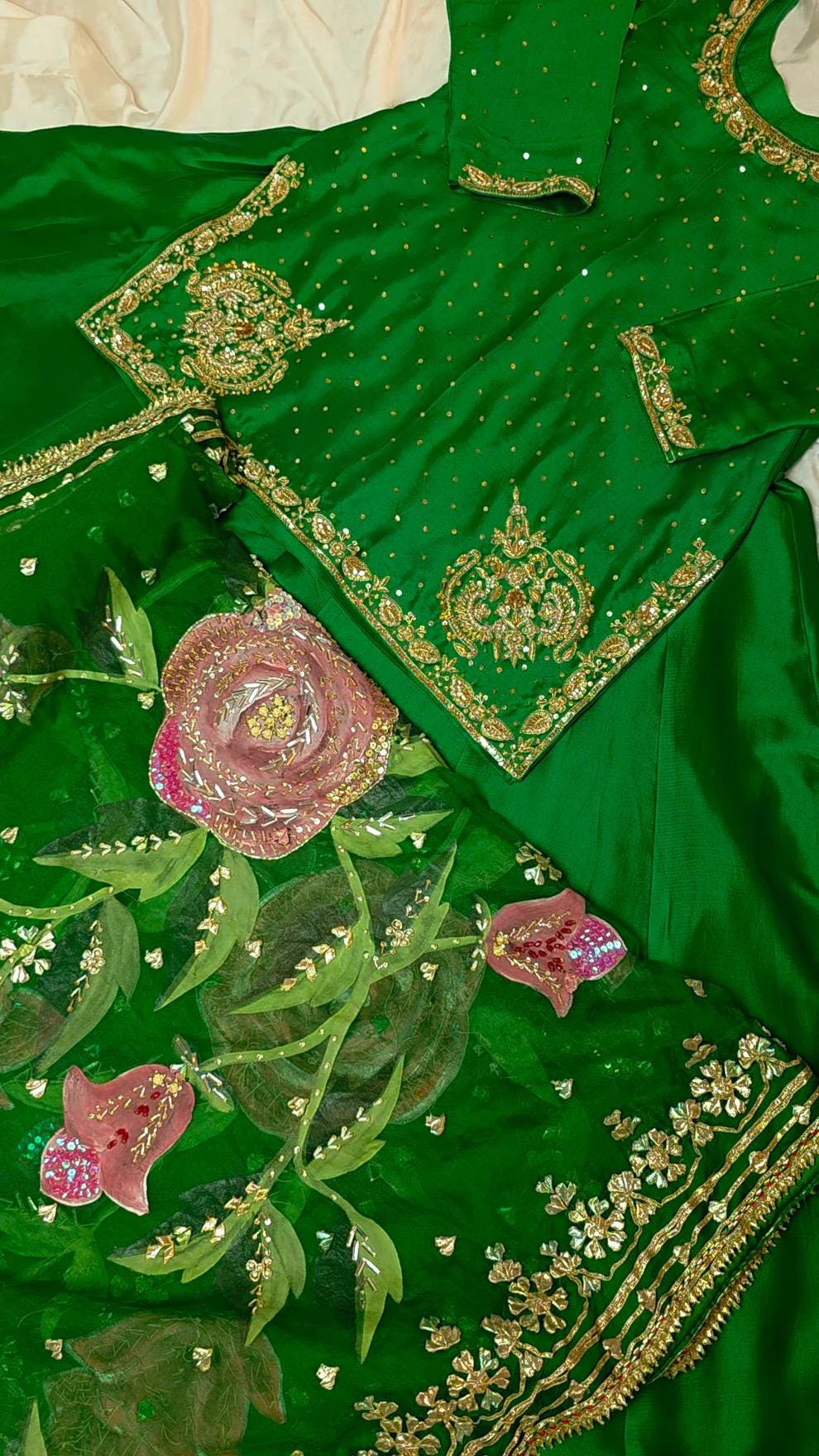 Hand-Painted Bridal Silk Sharara: Embroidered Organza Dupatta