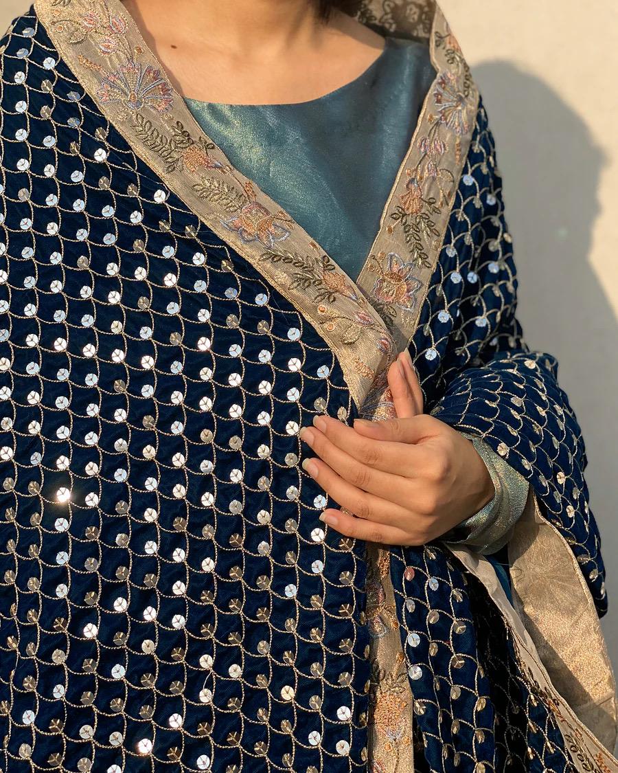 Zinc Velvet Bridal Shawl – Silver Sequins, Embroidered Border