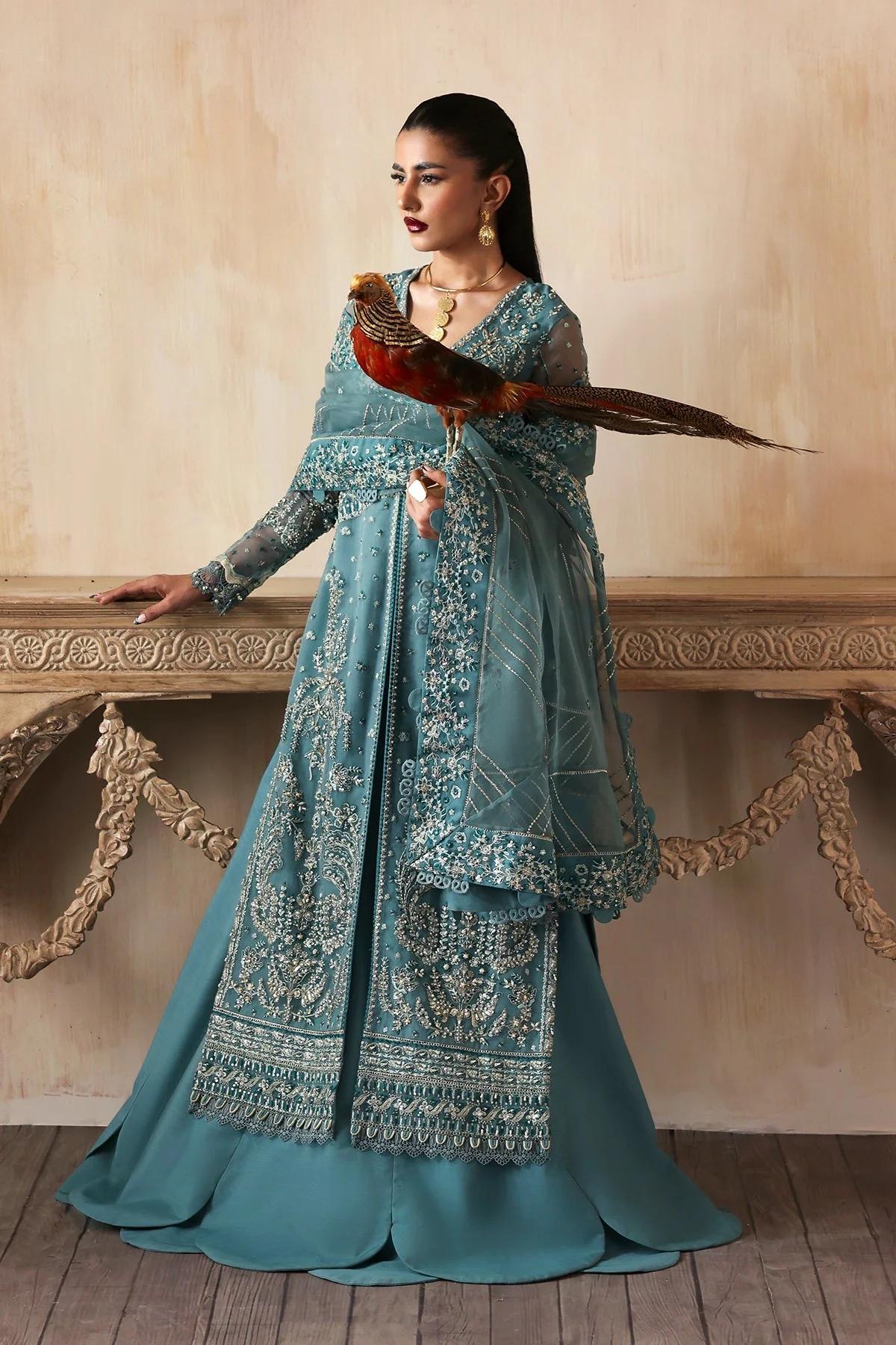 Teal Blue Embroidered Organza Pakistani Suit: 3-Piece Wedding Party Wear