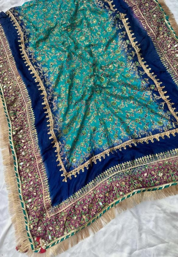 Peacock Blue Kamdani Silk Dupatta: Pakistani Bridal Shawl