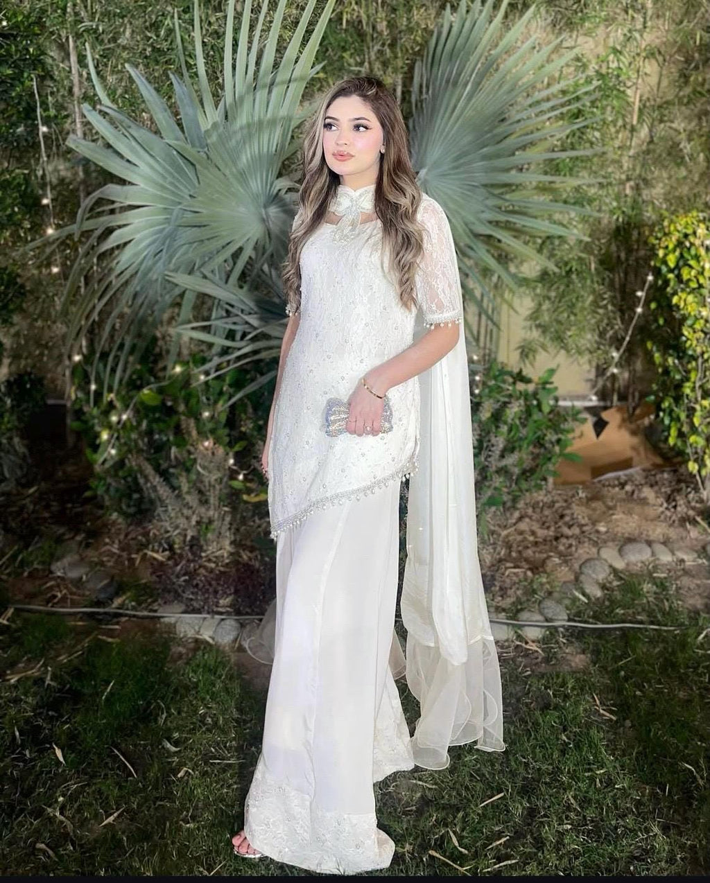 White Lace Kameez Set: Pakistani Mirrorwork Outfit, Butter Net Silk