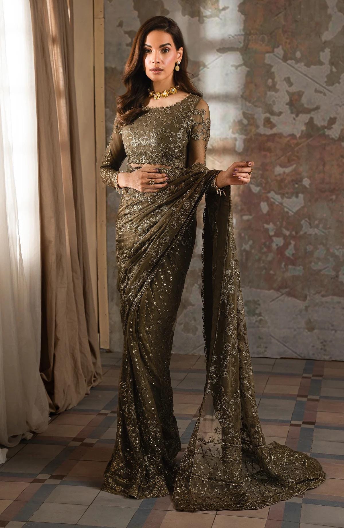 mehndi color Sequin Embroidered lacy Saree, Designer Indian Sari with blouse