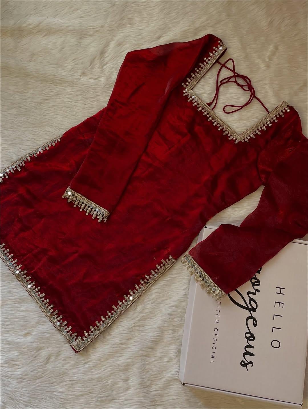 Maroon Kali Sharara Set: Hand Embroidered Silk Suit with Mirror Lace