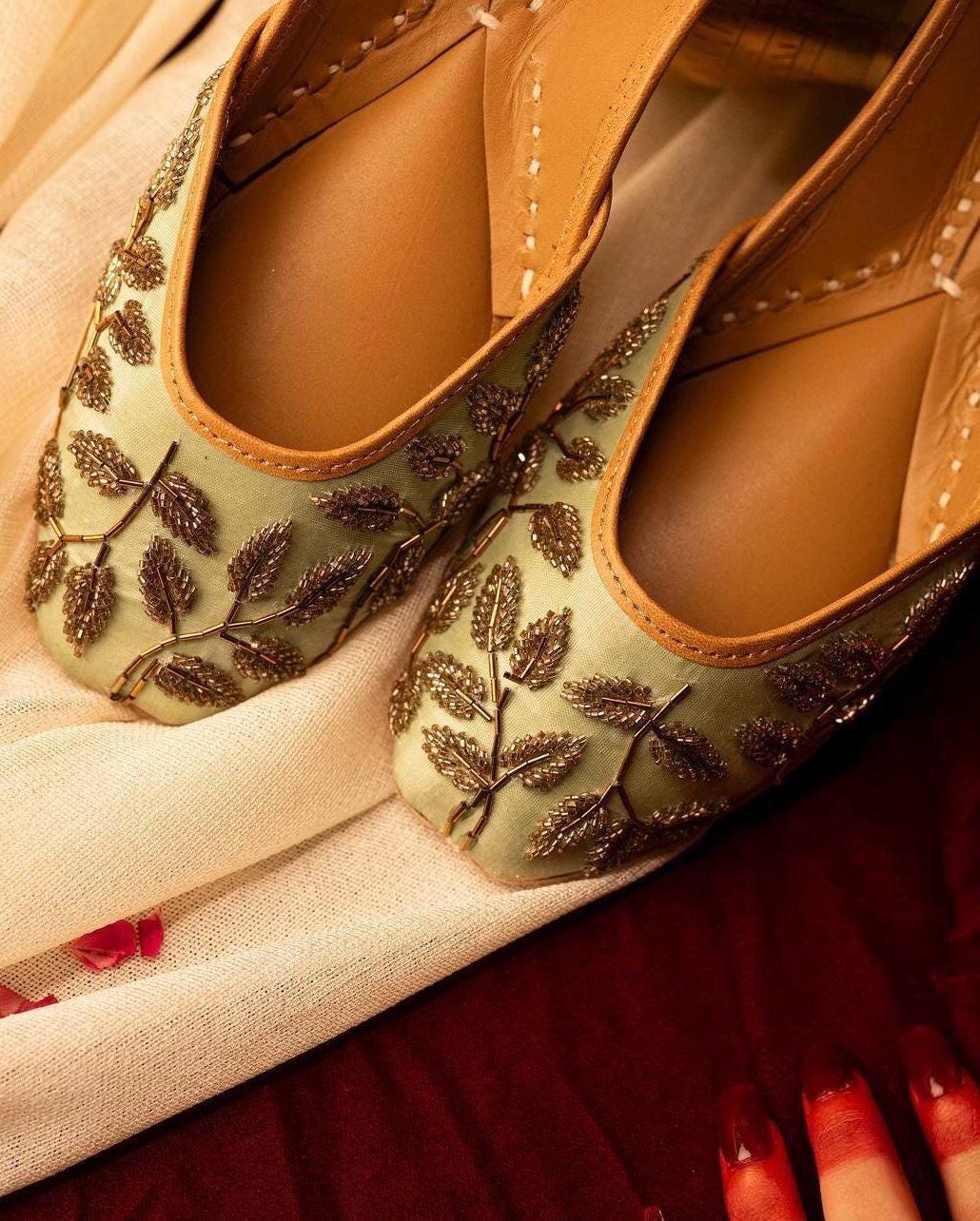 Elegant Pistachio Green Silk Jutti with Exquisite Glass Bead Embroidery | Free Shipping Included