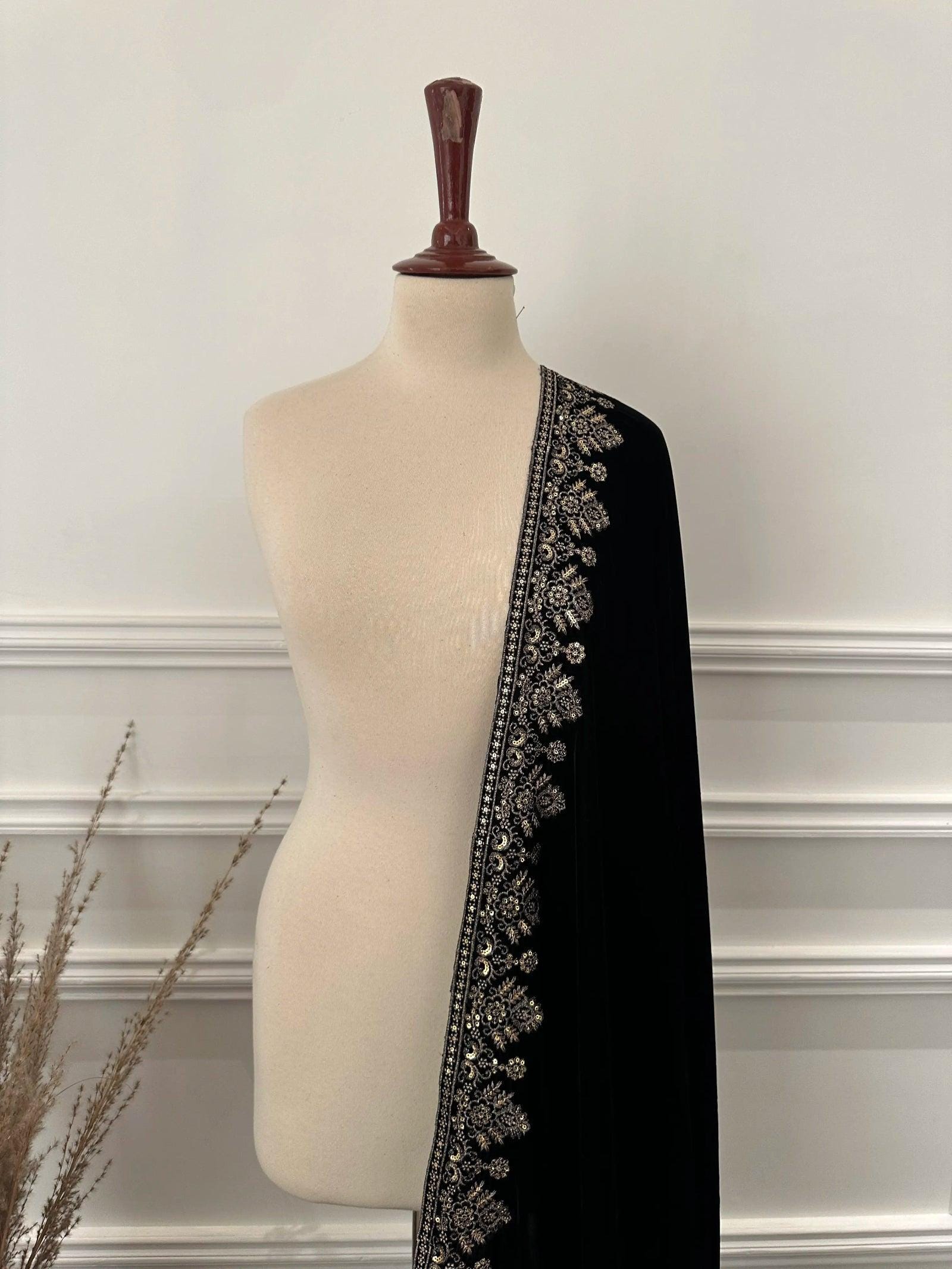 Black Velvet Shawl | Indian Tila Embroidered Wrap