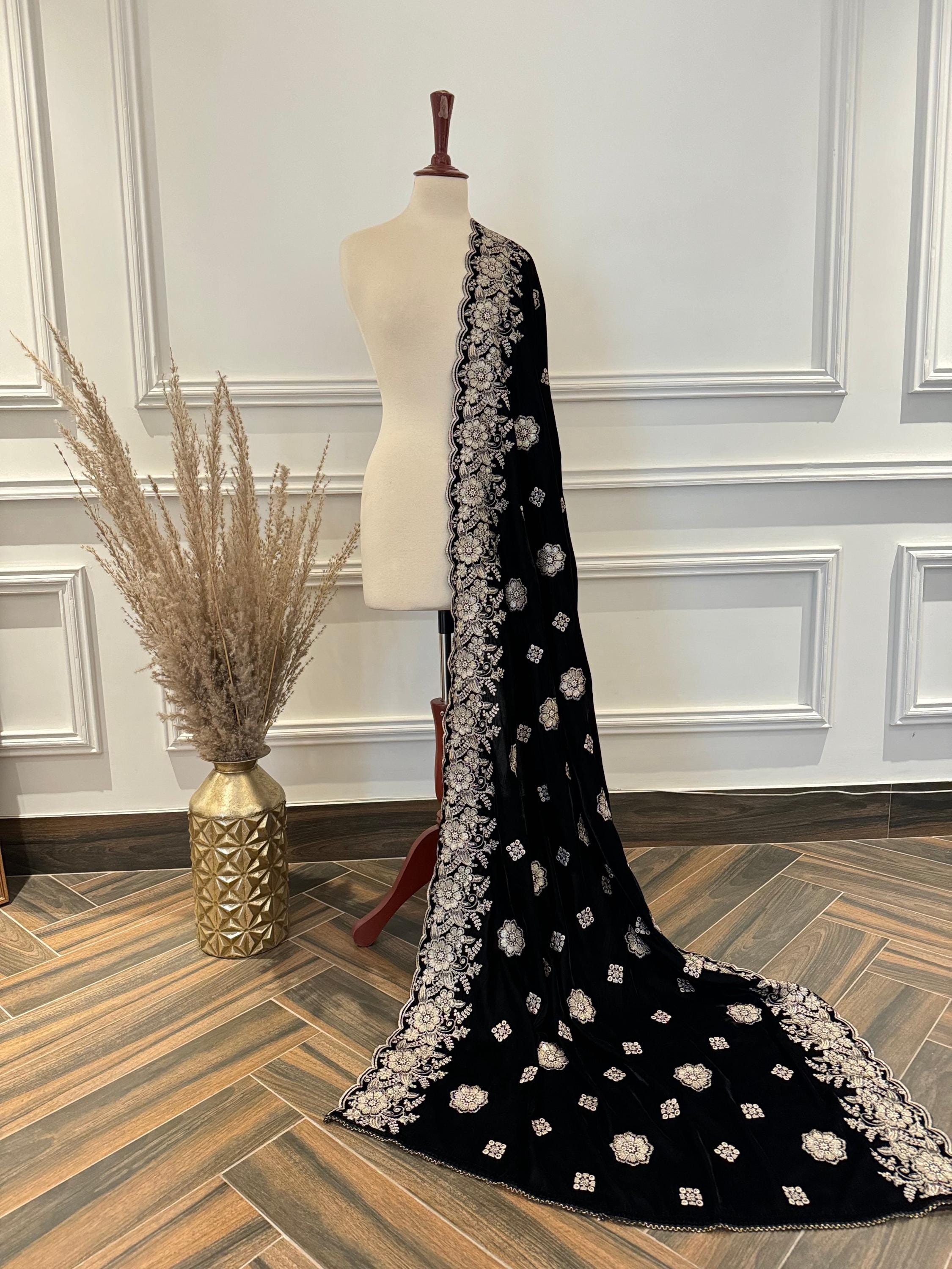 Black Velvet Shawl, Silver Gold Embroidered Floral, Indian Wedding Shawl