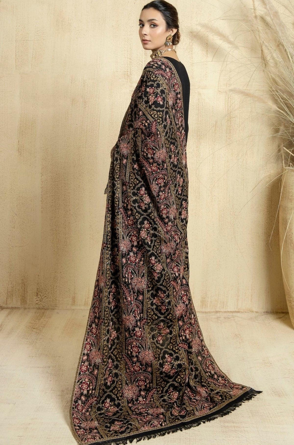 Embroidered Black indian raw silk cashmere Shawl: Indian Festive Wear