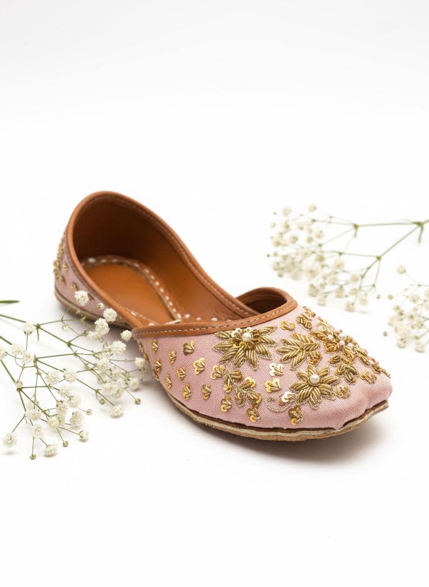 Handmade Silk Jutti: Pink Floral Embroidered Bridal Flats