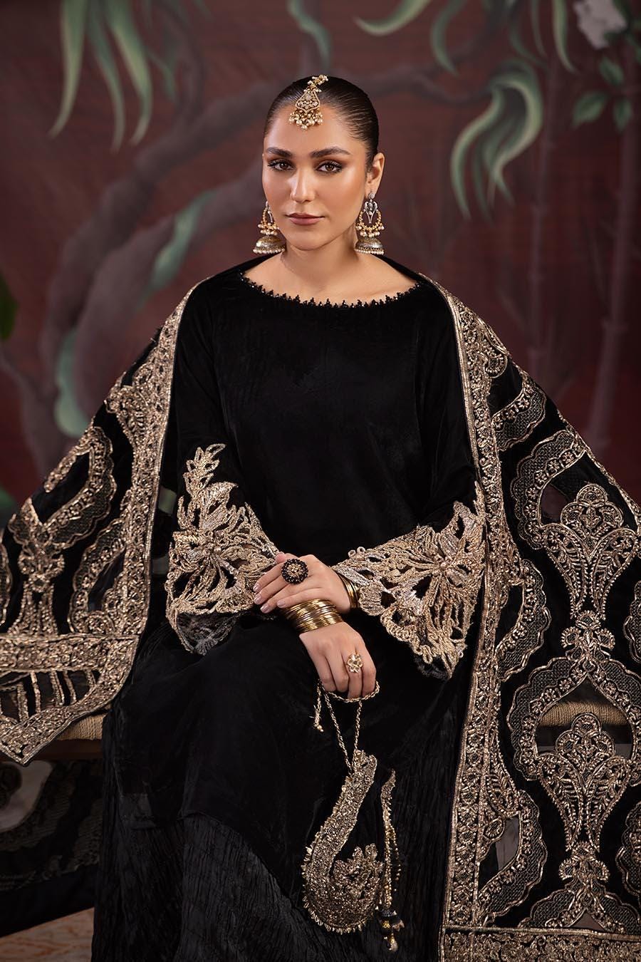 Black Velvet Bridal Shawl, Gold Embroidered Cutwork, Pakistani Designer