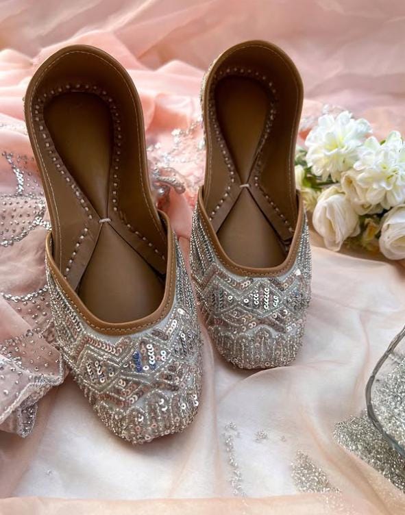 Handmade Silver Sequin Bridal Jutti, Genuine Leather Khussa Flats