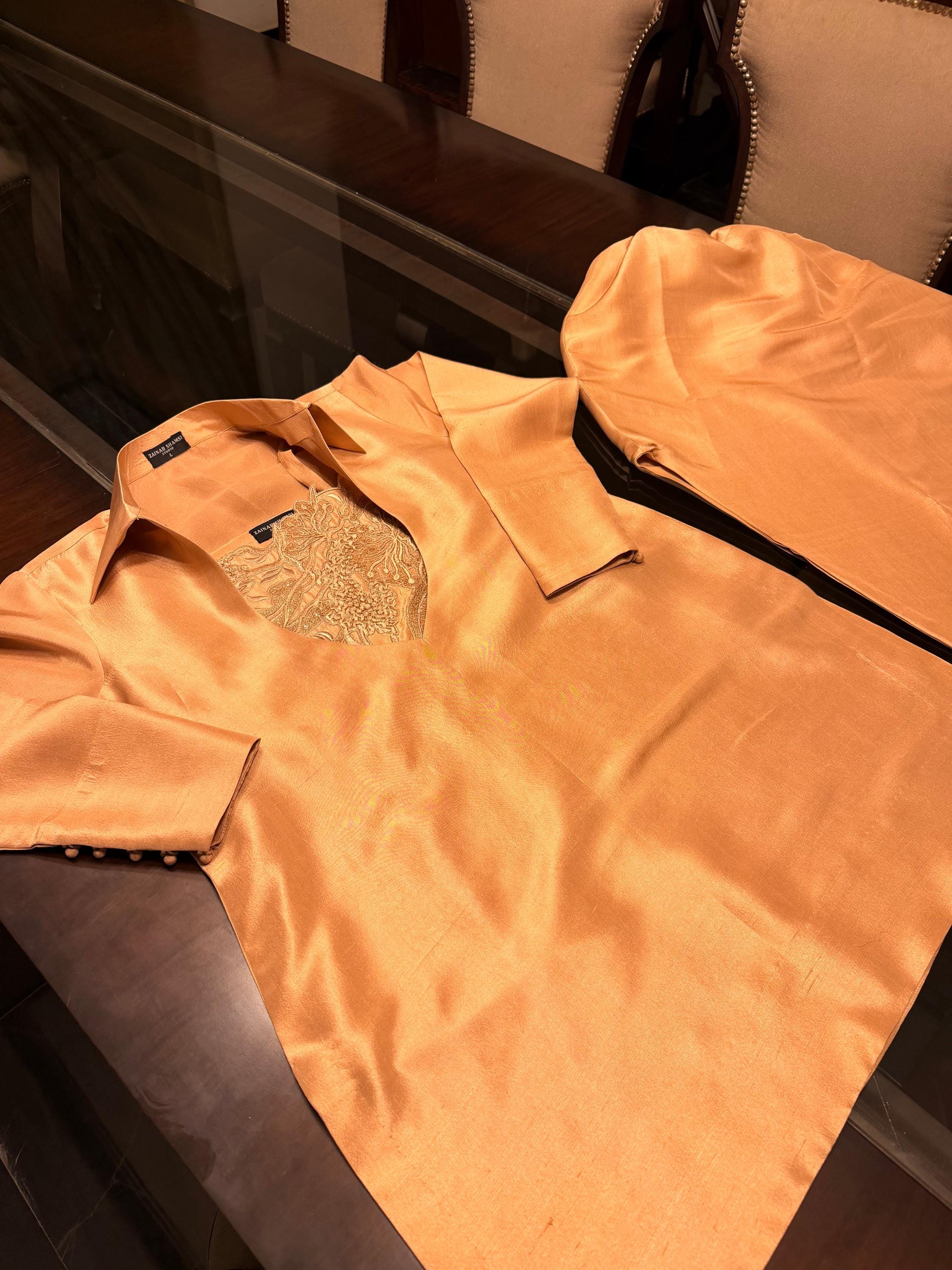 Gold Silk Kameez Shalwar, Pakistani 3pc Embroidered Outfit