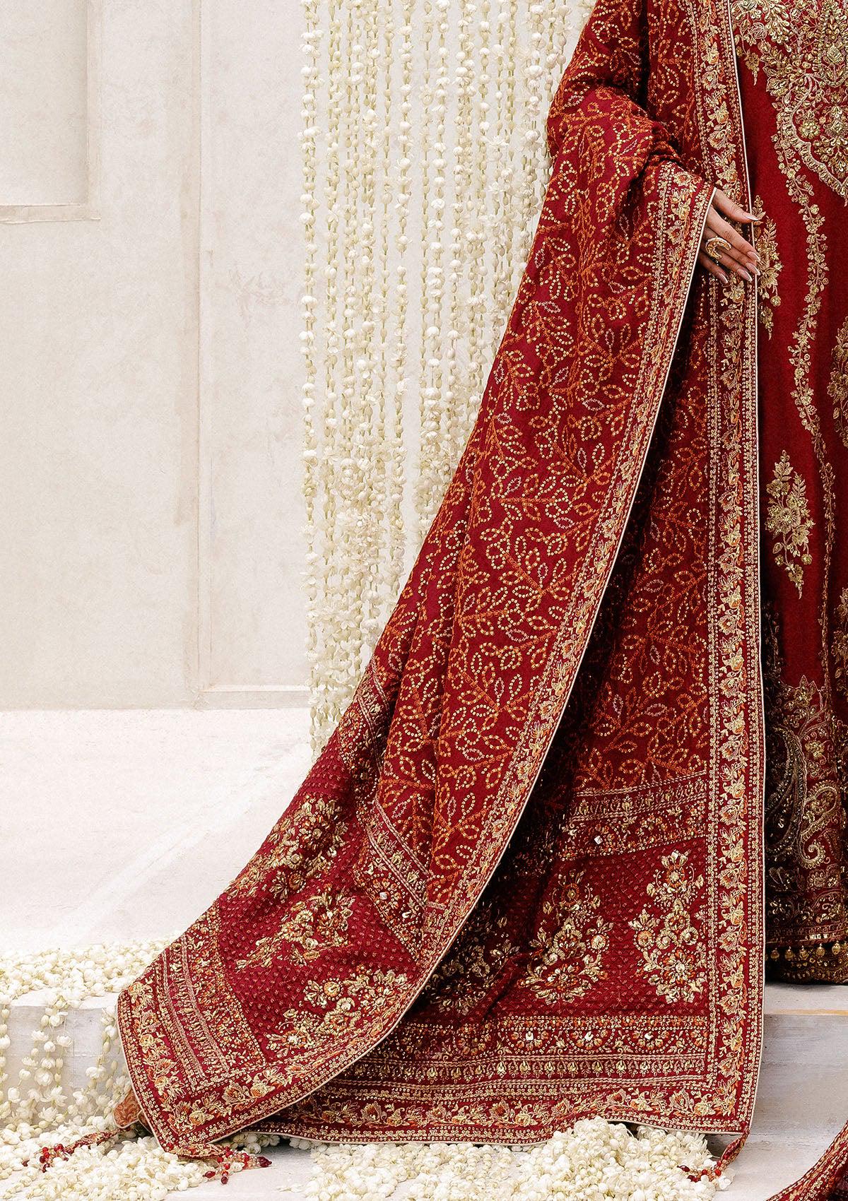 Red Silk Wedding Shawl: Kamdani Embroidered Paisley, Indian Bridal