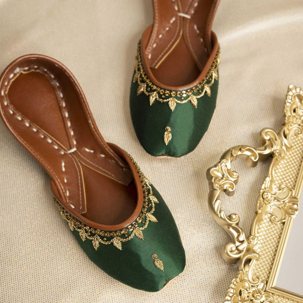 Handmade Green Pearl Jutti Shoes: Vegan Bridal Mojari Flats