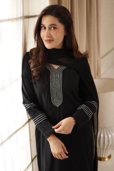 Plain Black light weight Monochrom 3pc stitched black kurti and flared trouserFree shipping