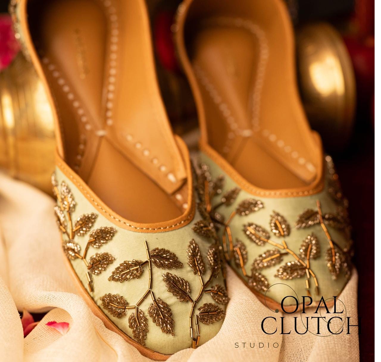 Elegant Pistachio Green Silk Jutti with Exquisite Glass Bead Embroidery | Free Shipping Included