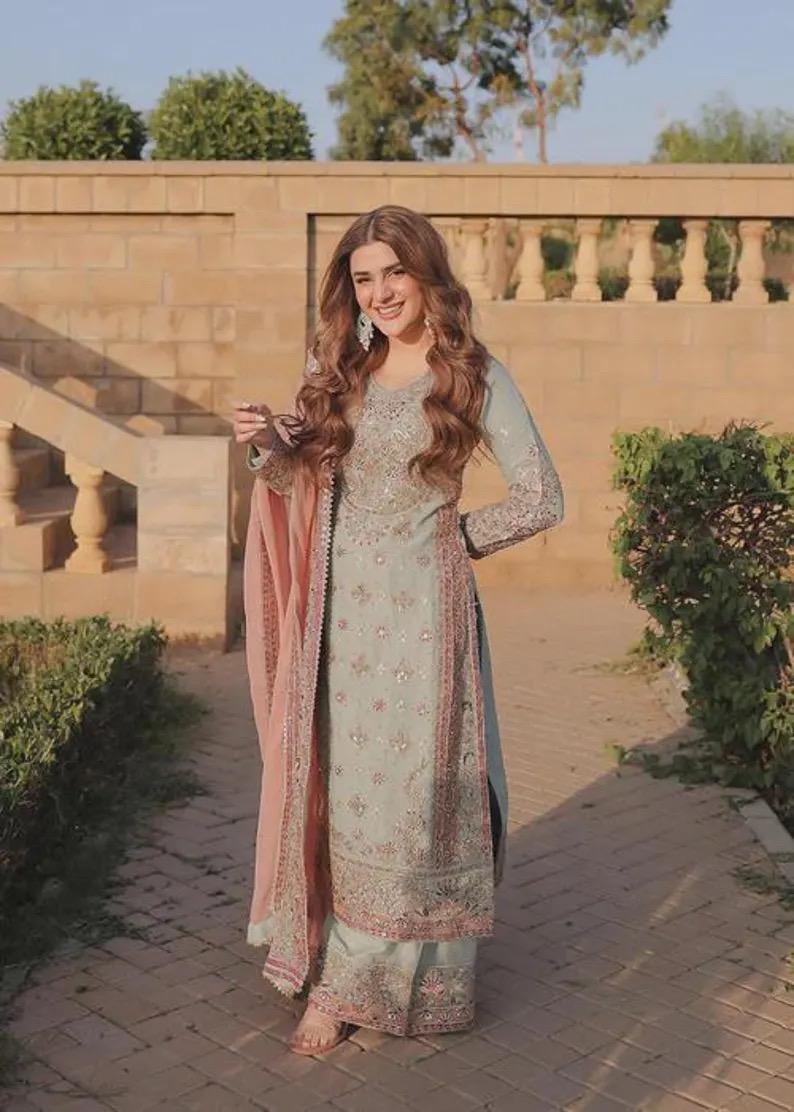 Embroidered Chiffon Kurta Set: Green Raw Silk Trouser, Wedding Dress