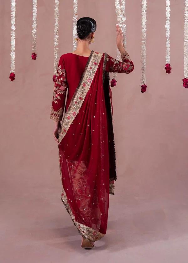 Embroidered Silk Shalwar Suit, Red Farshi Dress, Organza Dupatta