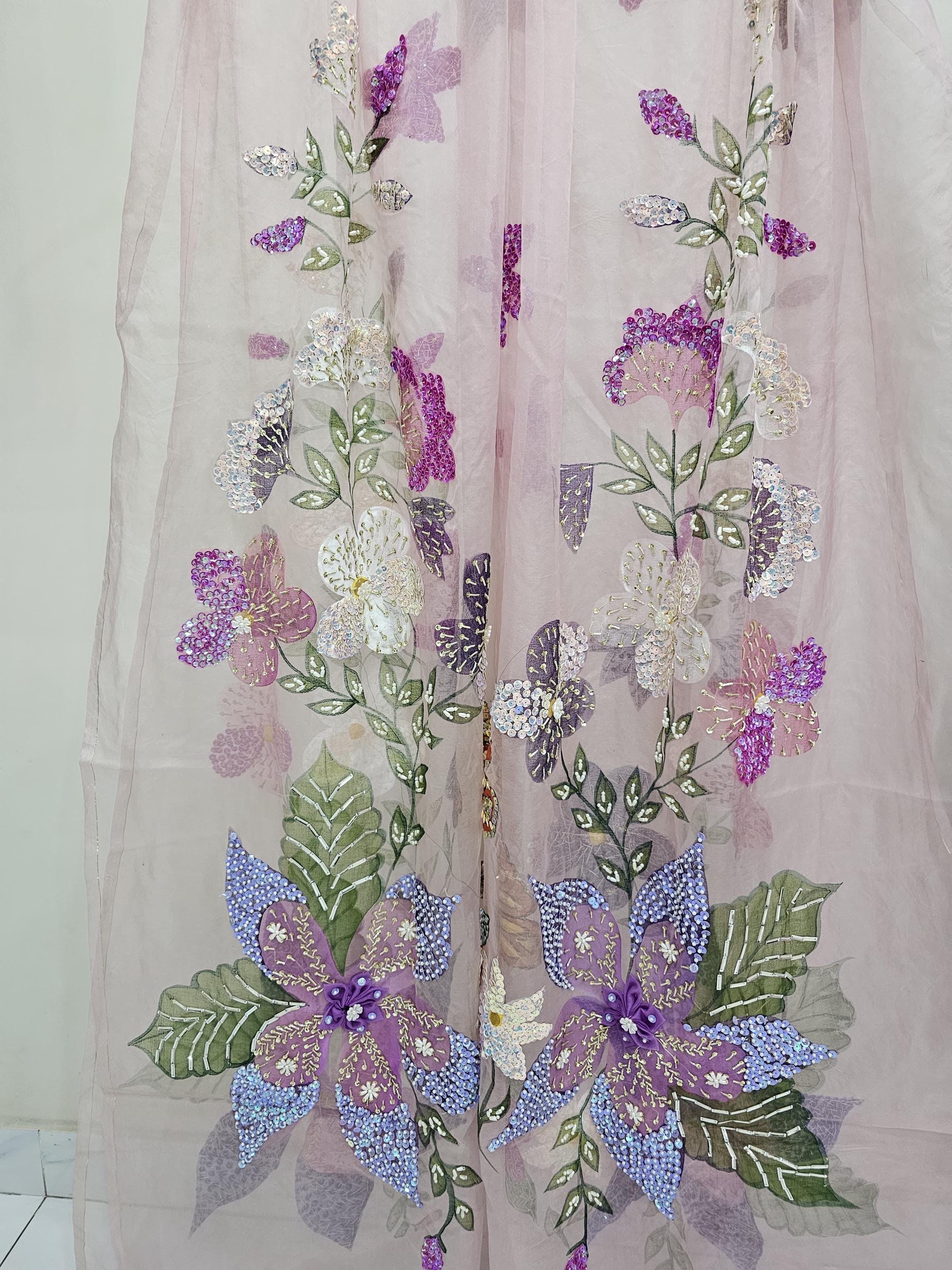 Hand-Painted Floral Organza Dupatta: Pink Lilac Indian Wear