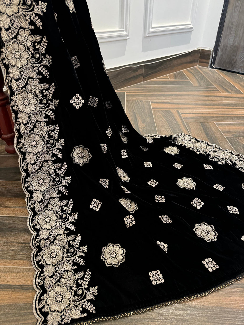 Black Velvet Shawl, Silver Gold Embroidered Floral, Indian Wedding Shawl