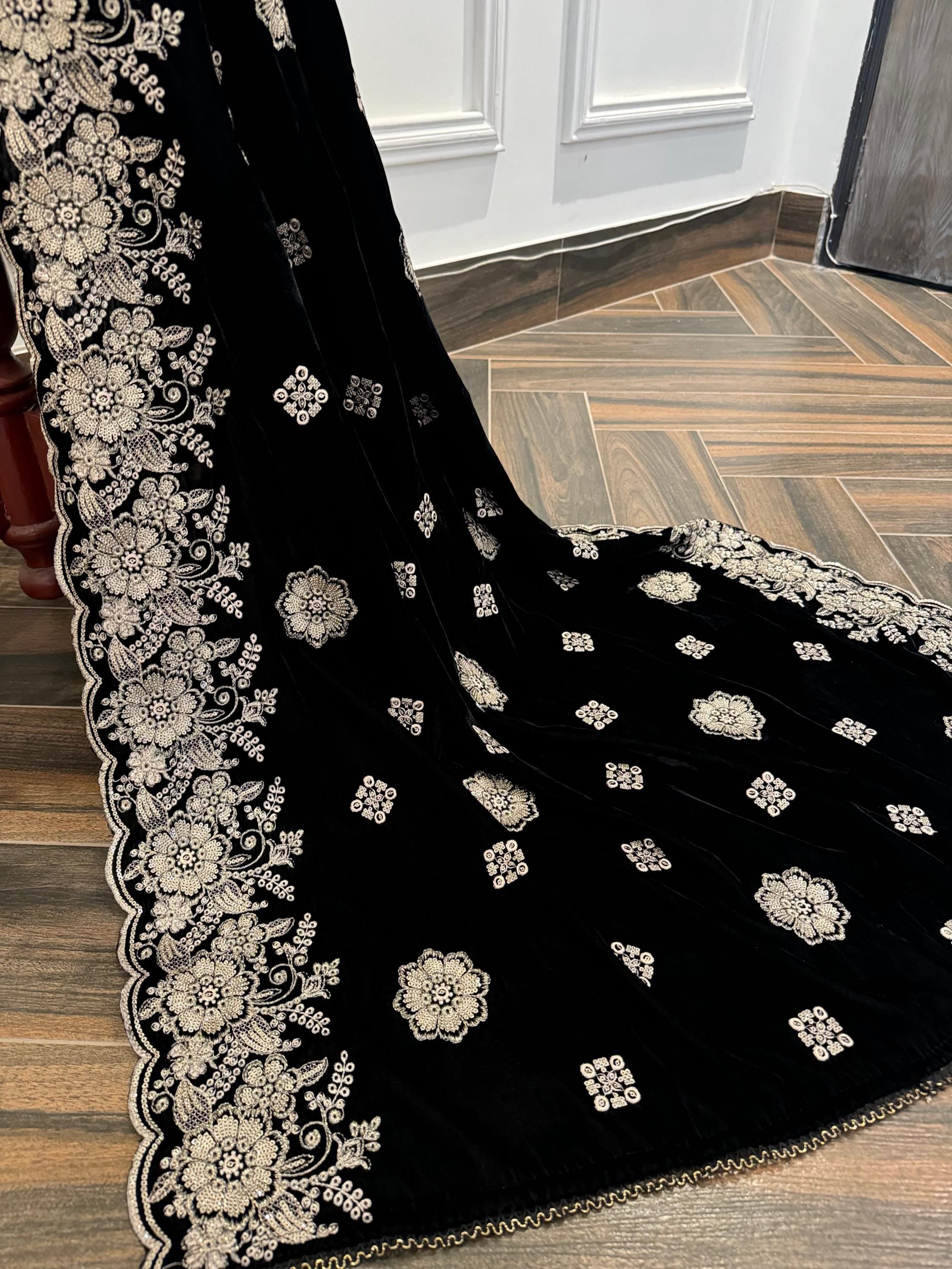 Black Velvet Shawl, Silver Gold Embroidered Floral, Indian Wedding Shawl