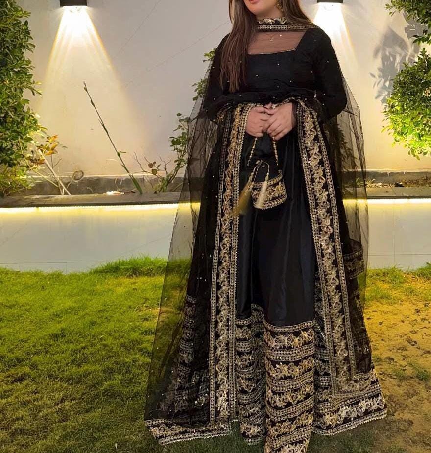 Black Silk Maxi Dress, Tilla Embroidery, Net Dupatta, Pakistani Indian
