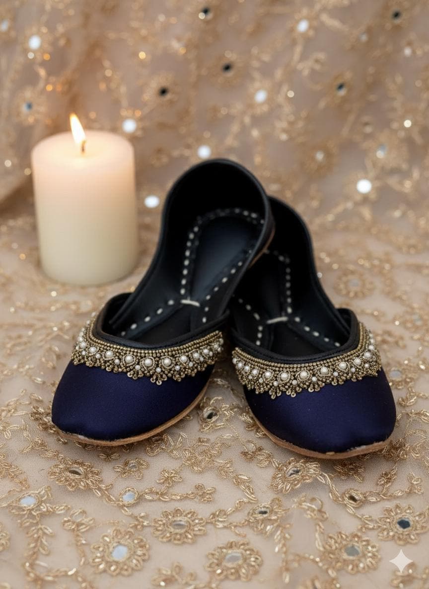 Handmade Sapphire Blue Silk Khussa Flats: Punjabi Mojari Shoes