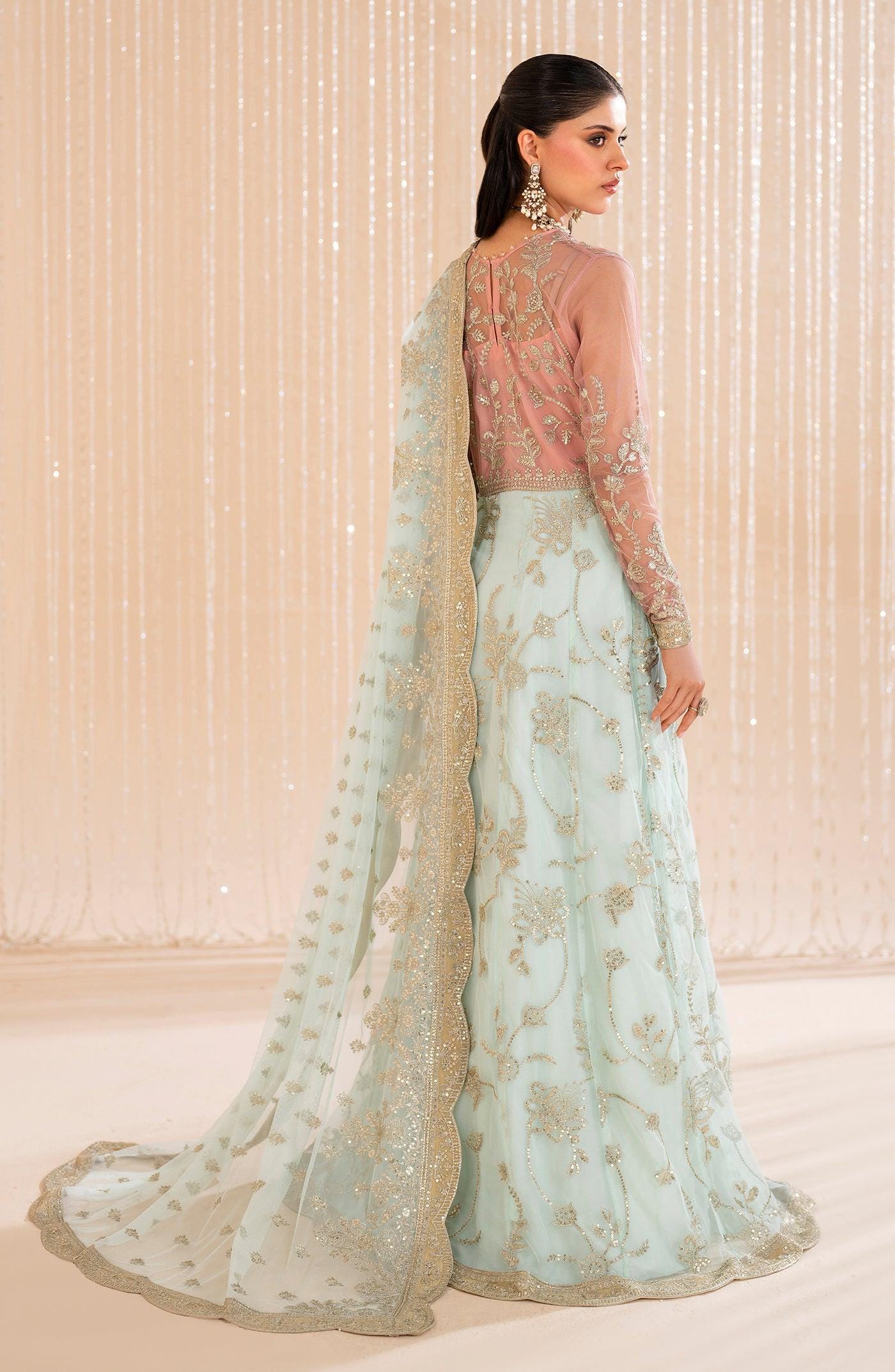 Pink & Blue Sequined Chiffon Saree, Indian Wedding Wear