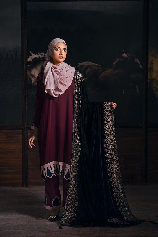 velvet motif dark Velvet Bridal Shawl, Kashmiri Style