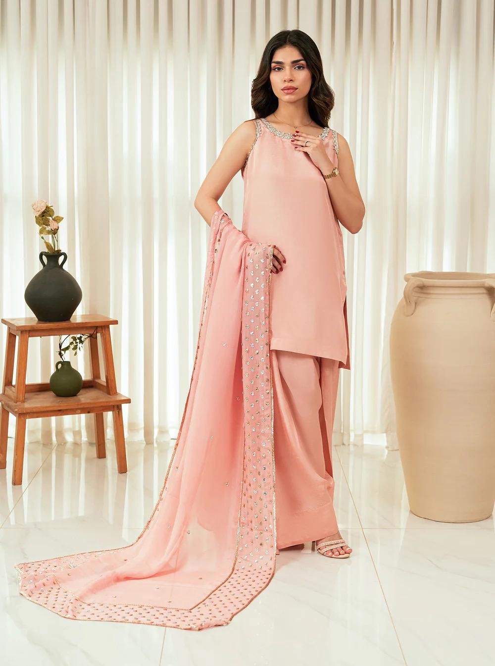 Pink Russian Silk Farshi Shalwar Kameez, Organza Dupatta