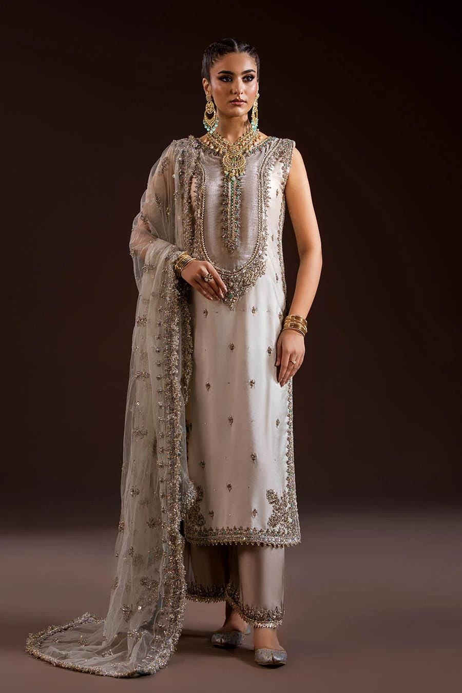 Ivory Glass Silk Farshi Shalwar Kameez with Net Dupatta