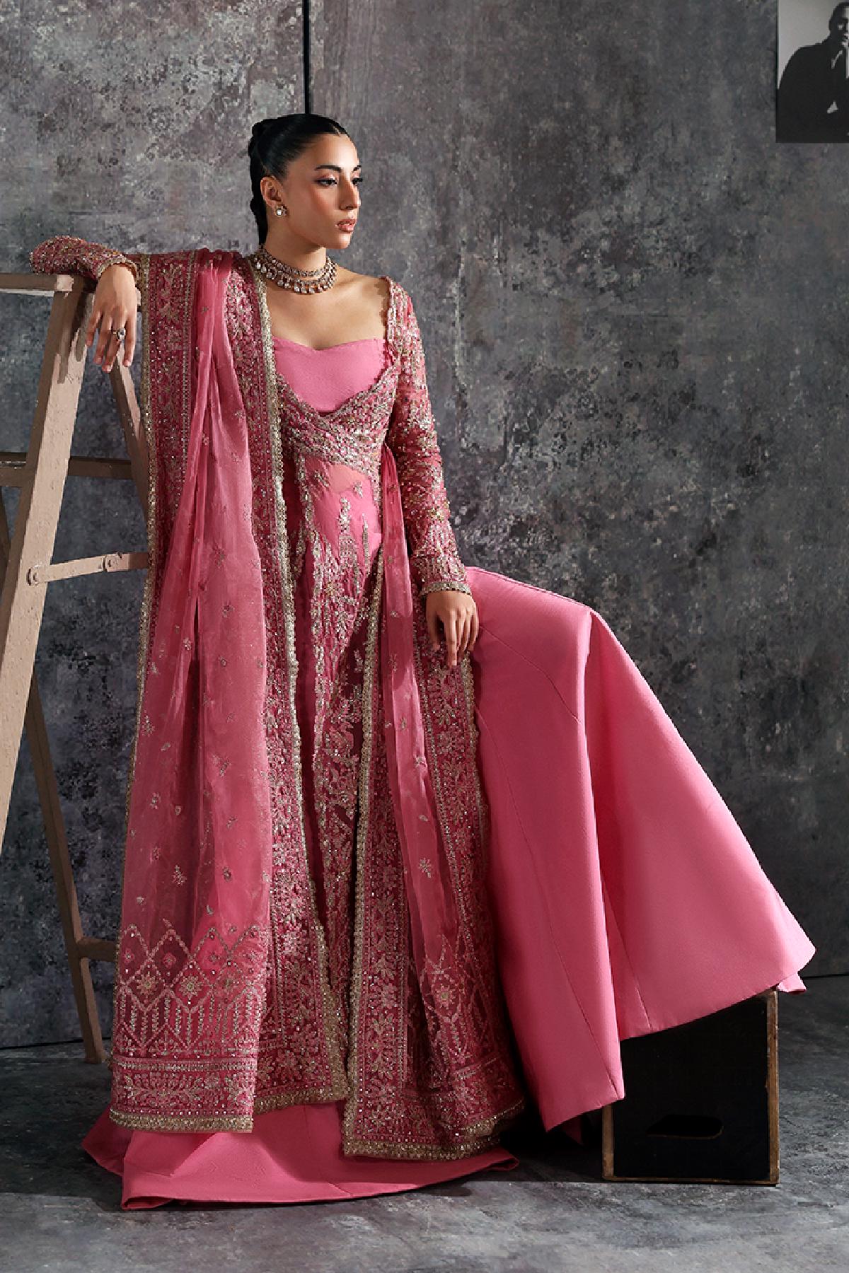 Pink Hand embellished Embroidered long Maxi Dress: Pakistani fancy Lengha