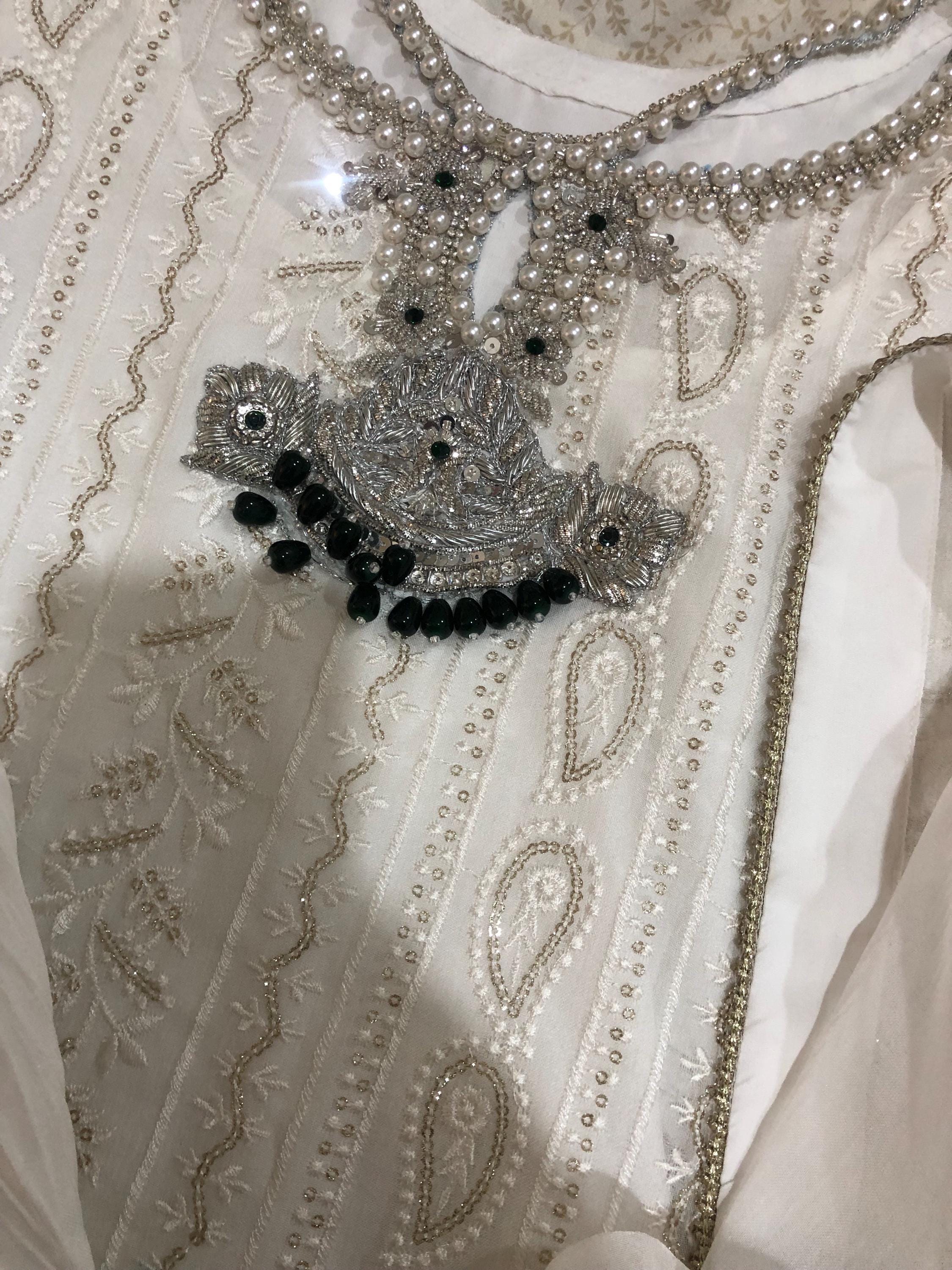 White Chicken Kari Shalwar Kameez, Sequins, Pakistani Designer Dress