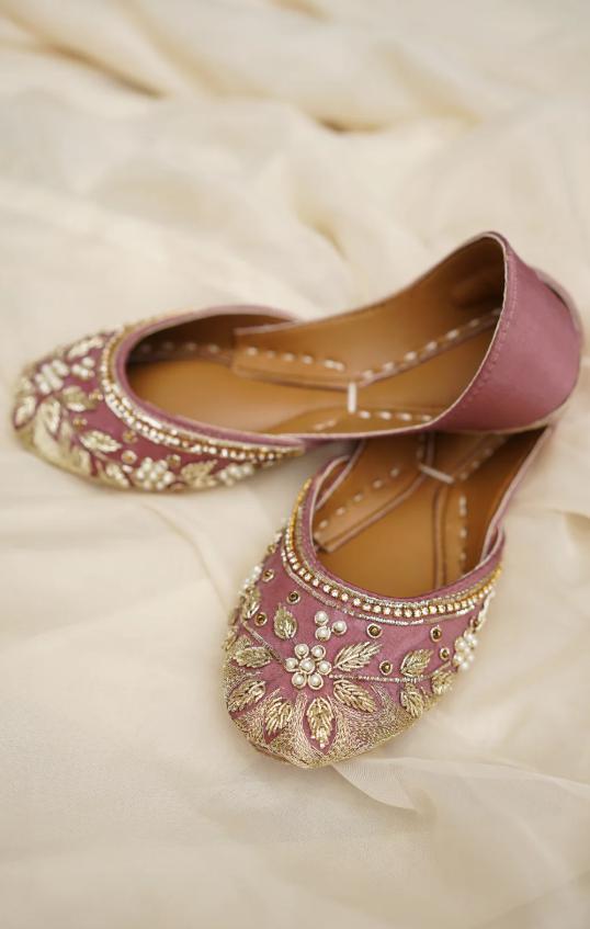 Handmade Floral Velvet Khussa Jutti – Gold & Pink, Indian Flats