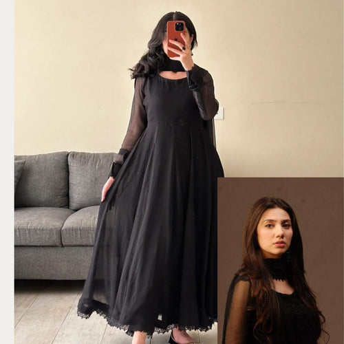 Black Georgette Anarkali Gown: Pakistani Punjabi Suit, Chiffon Dupatta