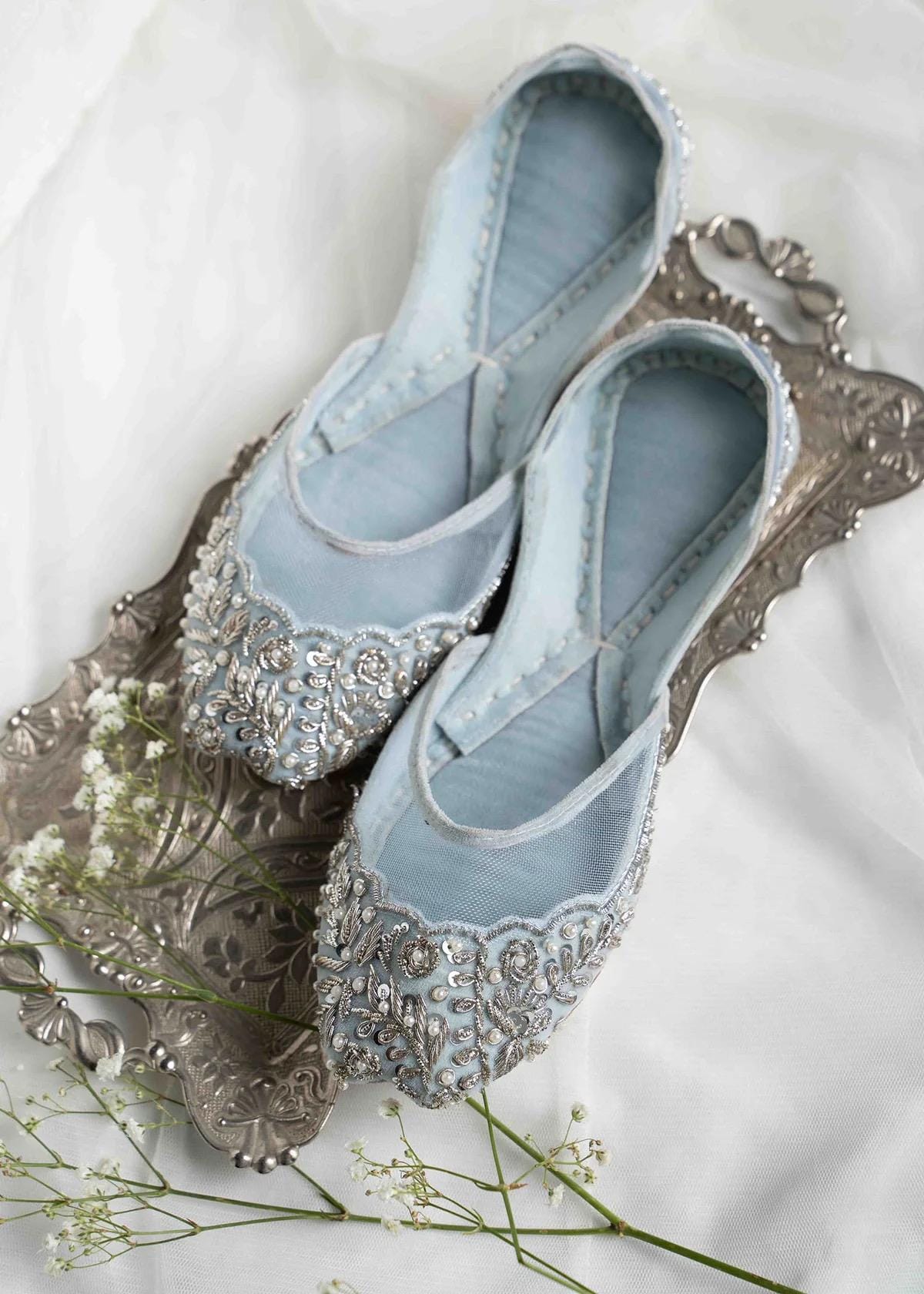 Snow Blue Bridal Jutti: Silver Mirror Embroidered Mojari Flats