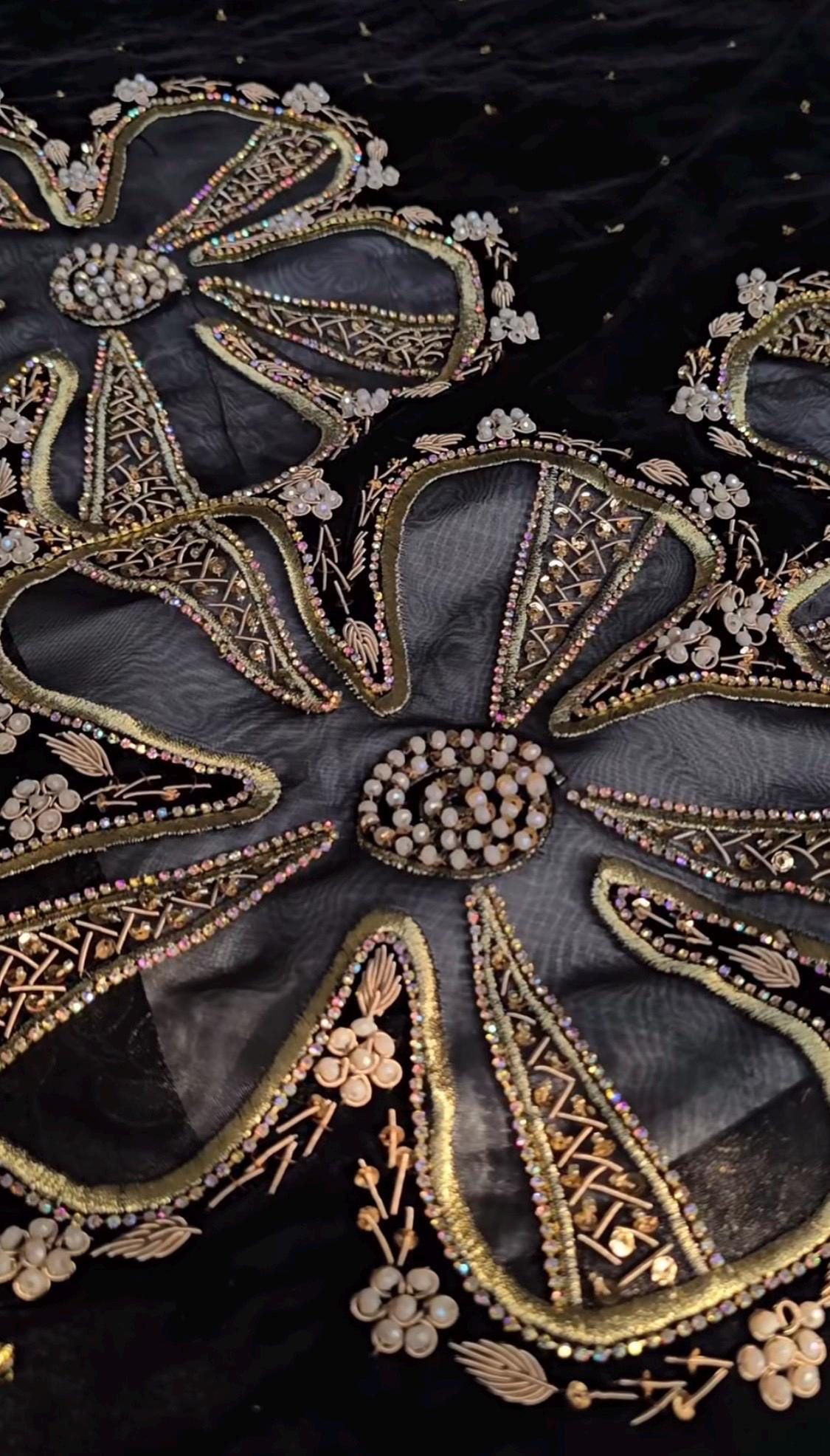 Black Velvet Shawl | Hand-Embroidered Flower & Tila, Formal Wrap