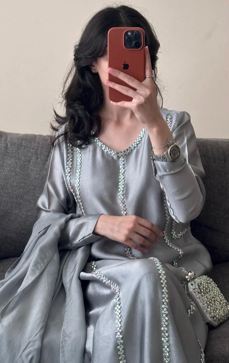 Grey Mirrorwork Silk Kameez Shalwar, Pakistani 3-Piece Outfit,Embellished Modest Fashion for Parties