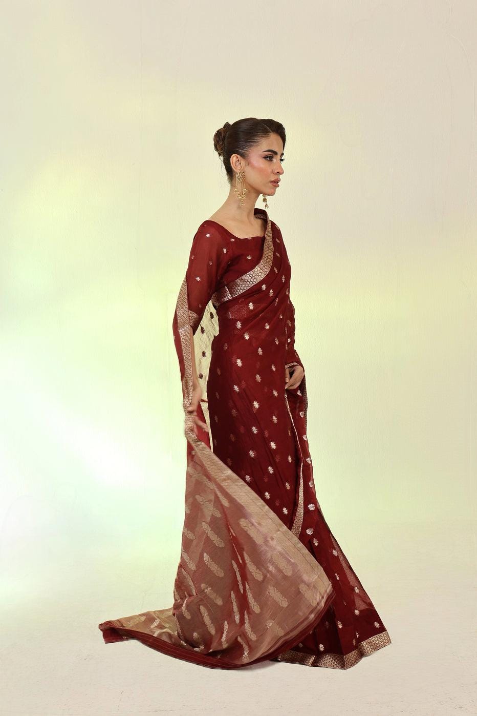 Maroon Banarasi Chiffon Saree with Matching Blouse