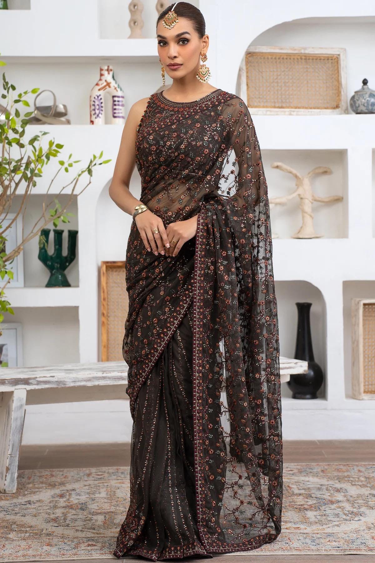 Brown Sequin Saree, Chiffon Indian Party Wear, Matching Blouse