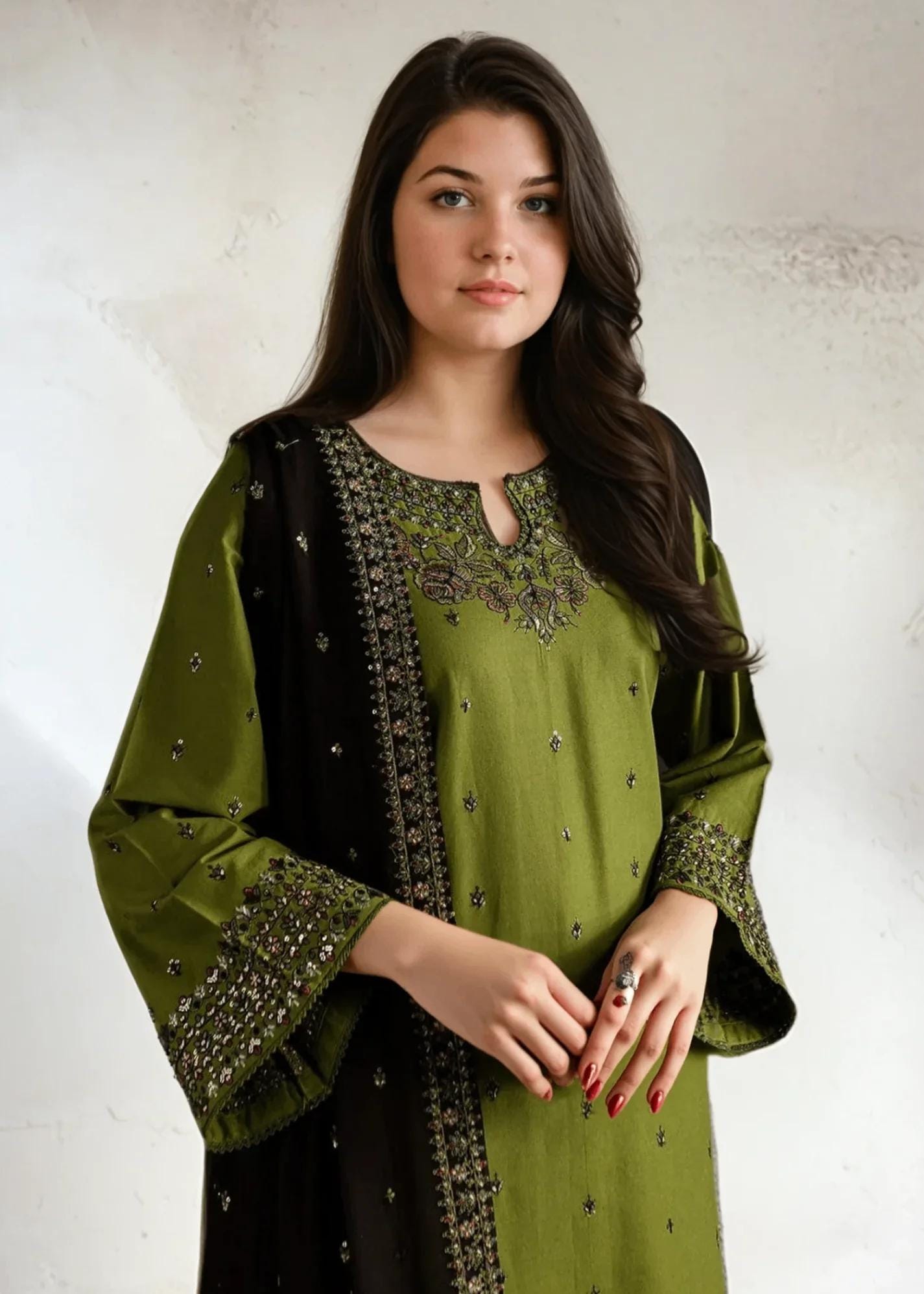 Embroidered Khaddar Olive Green Salwar Kameez with Chiffon Dupatta