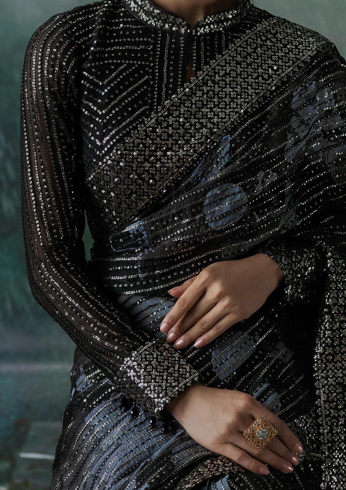 Black Sequin Saree chiffon readymade : Indian Party Wear, Designer Sari