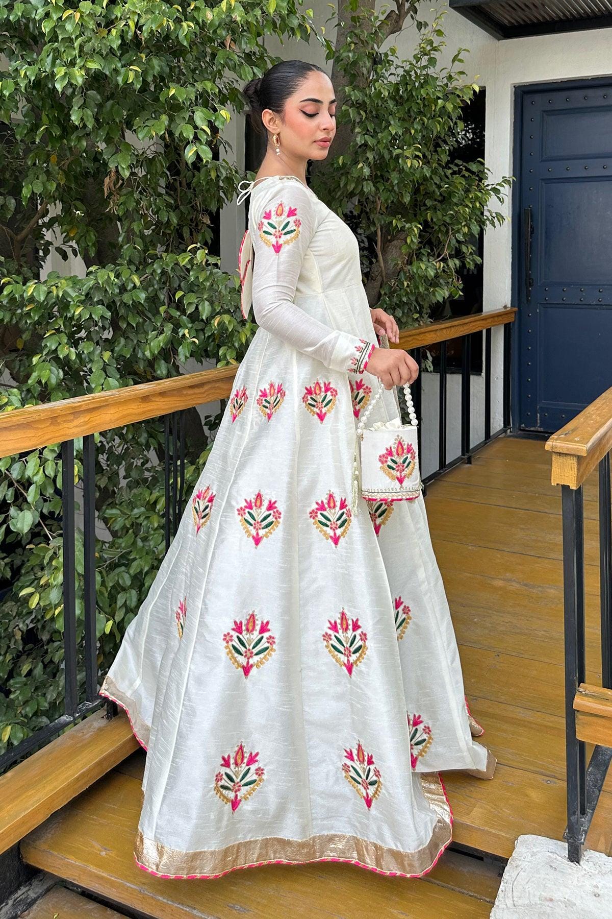 White Tilla Embroidery Raw Silk Pakistani Dress with Dupatta