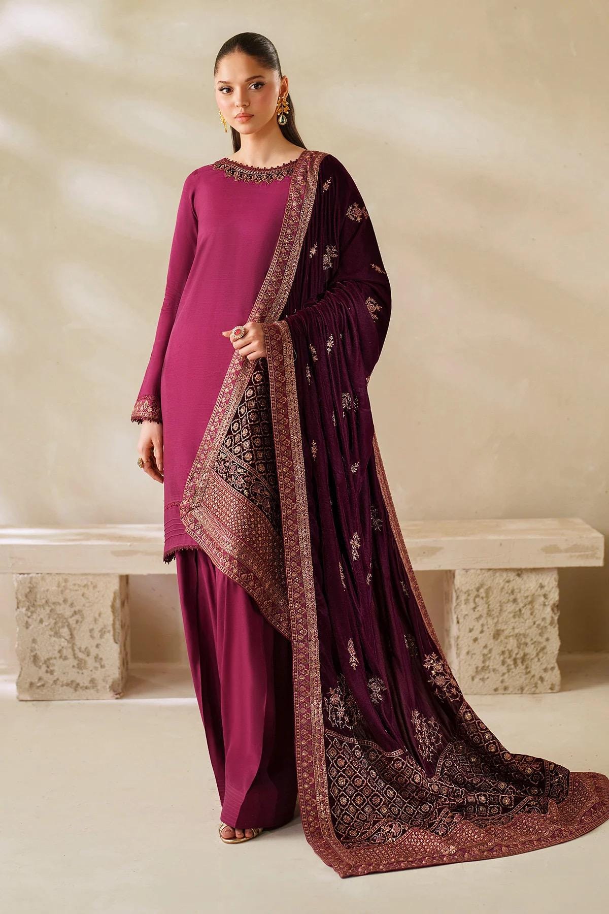 Maroon Velvet Shawl, Sequins Embroidered, Bridal Gift