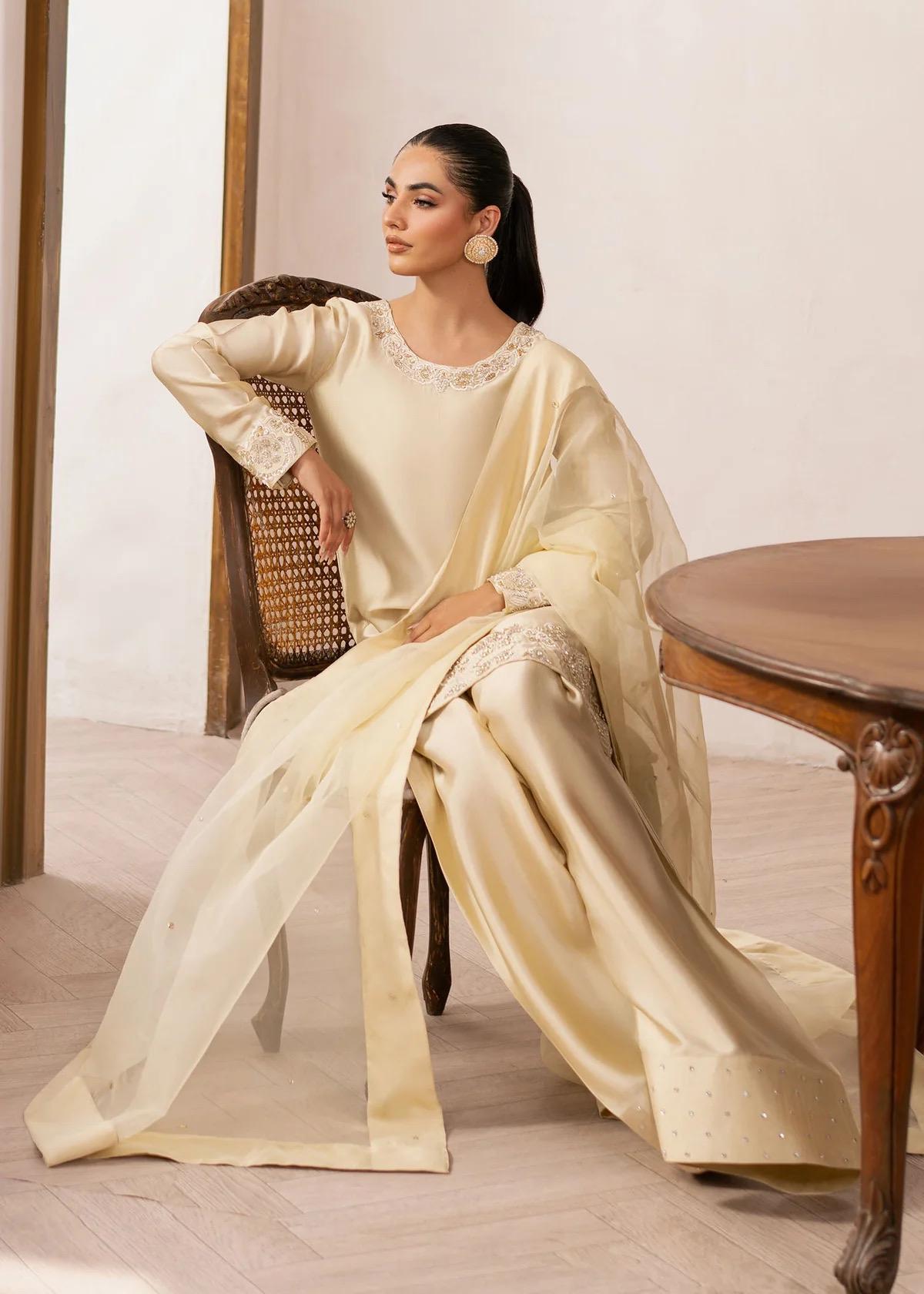 Ivory Silk Farshi Shalwar Kameez, Organza Dupatta, 3pc Stitched Suit