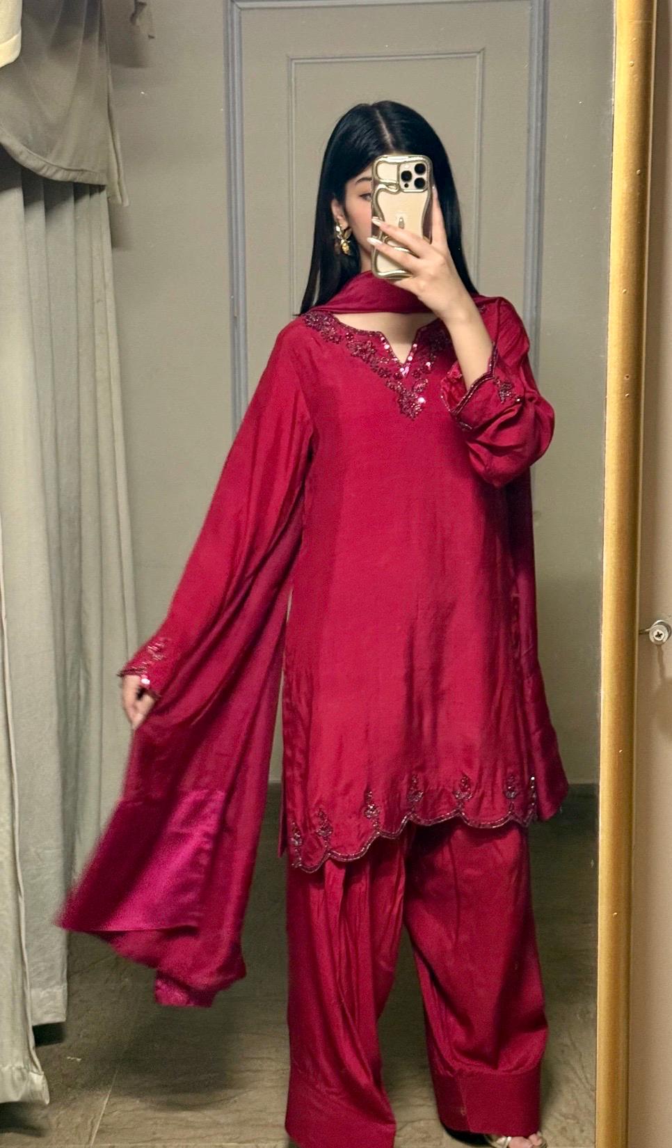 Royal Scarlet Farshi shalwar| 3 pc set |Pakistani Suit Silk Dupatta | Farshi Shalwar 3piece, nikkah, anarkha, shadi wear, eid wear
