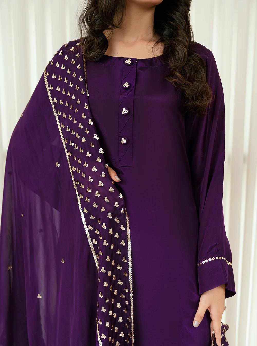 Purple Russian Silk 3pc Indian Dress, Sequins Dupatta
