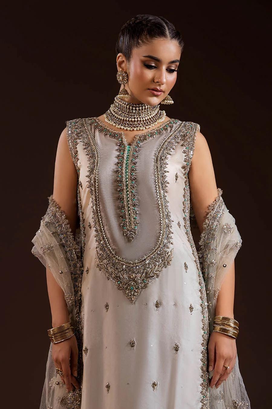 Ivory Glass Silk Farshi Shalwar Kameez with Net Dupatta