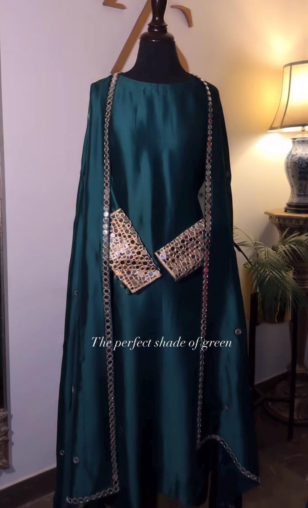 Gold Silk Kameez Shalwar, Pakistani Mirrorwork 3pc Outfit