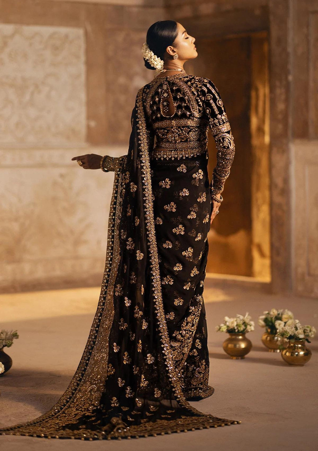 Black Velvet Saree, Gold Embroidered Chiffon, Indian Designer Sari
