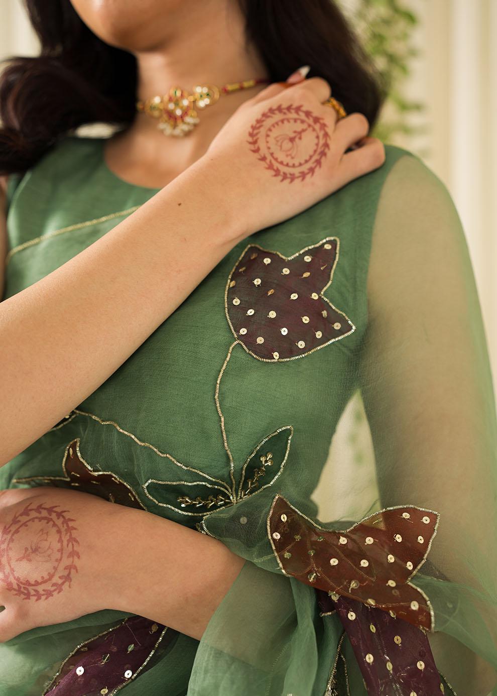 Hand-Painted Organza Saree, Green Floral Sequin Sari, Blouse Included